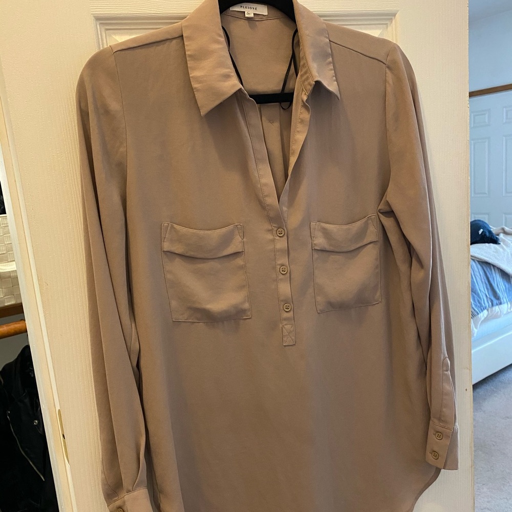 Pleione Classic Tan Button Down Blouse